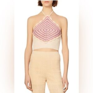 Sandro Cream and Pink Asymmetrical Crop Top